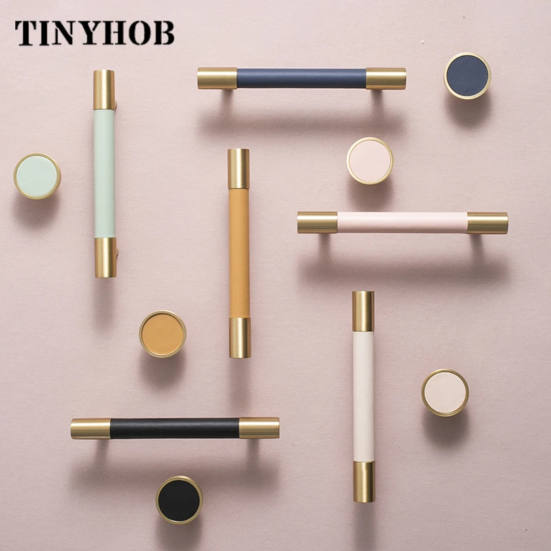 Handmade หนังทองเหลืองจับลิ้นชักตู้ Knobs ประตูห้องครัวตู้ตู้เสื้อผ้าดึง Handles เฟอร์นิเจอร์ฮาร์ดแวร์ 1