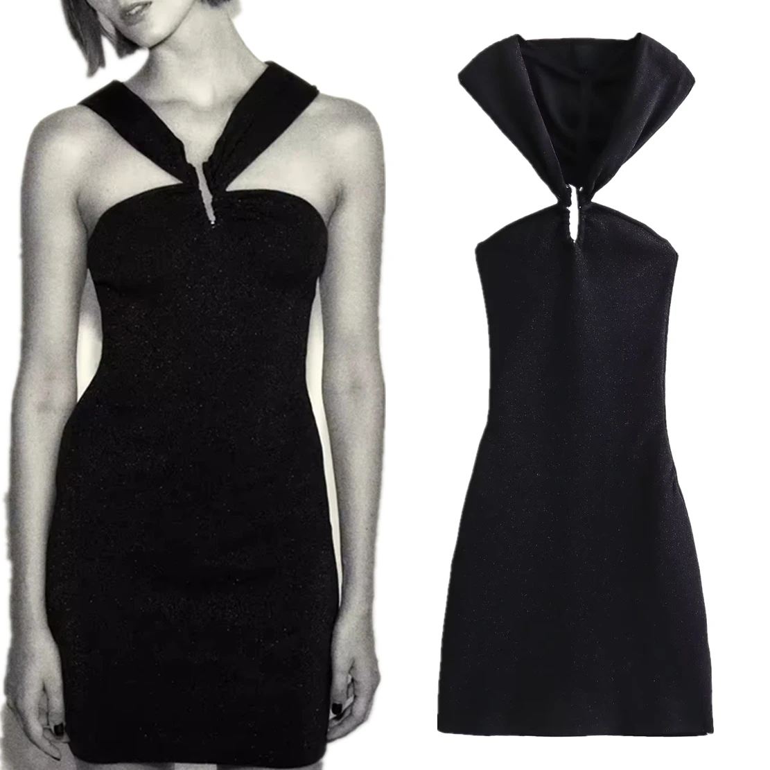 

Dave&Di 2023 French Retro Ladies Black Party Sexy Halter Slim Dress Fit Mini Dress Women