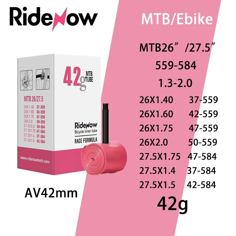 Ridenow 초경량 자전거 내부 튜브, 26/27.5/29 인치 MTB 사이클링 튜브 밸브 길이 슈레이더 밸브, 산악 자전거 튜브용 42mm