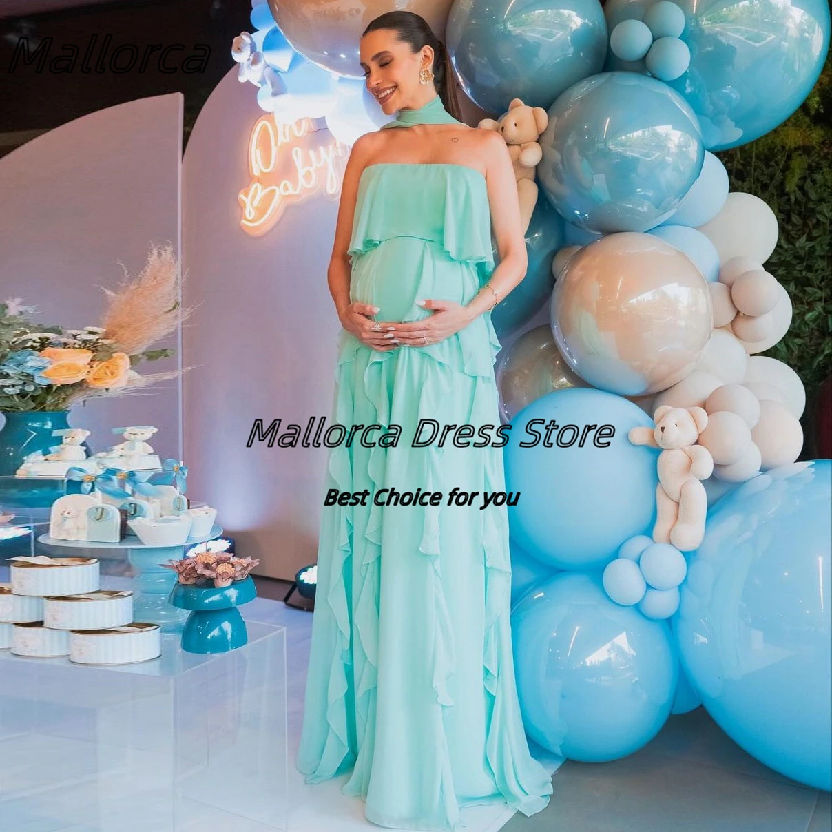 

Mallorca Plus Size Maternity Prom Dresses Strapless Ruffles Women Wear Evening Gowns Zipper Back Mother of the Bride Dress