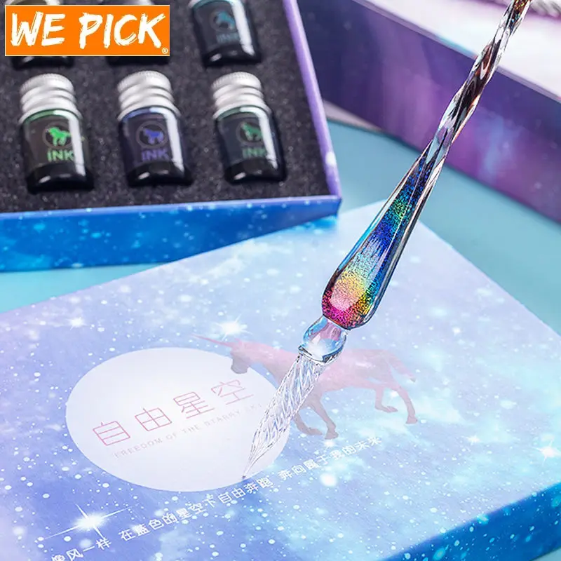 

Стеклянная капельная авторучка 12 цветов, винтажная стеклянная капельная авторучка, капельная авторучка с наполнителем и чернилами для подписи, перьевые авторучки для письма с кристаллами