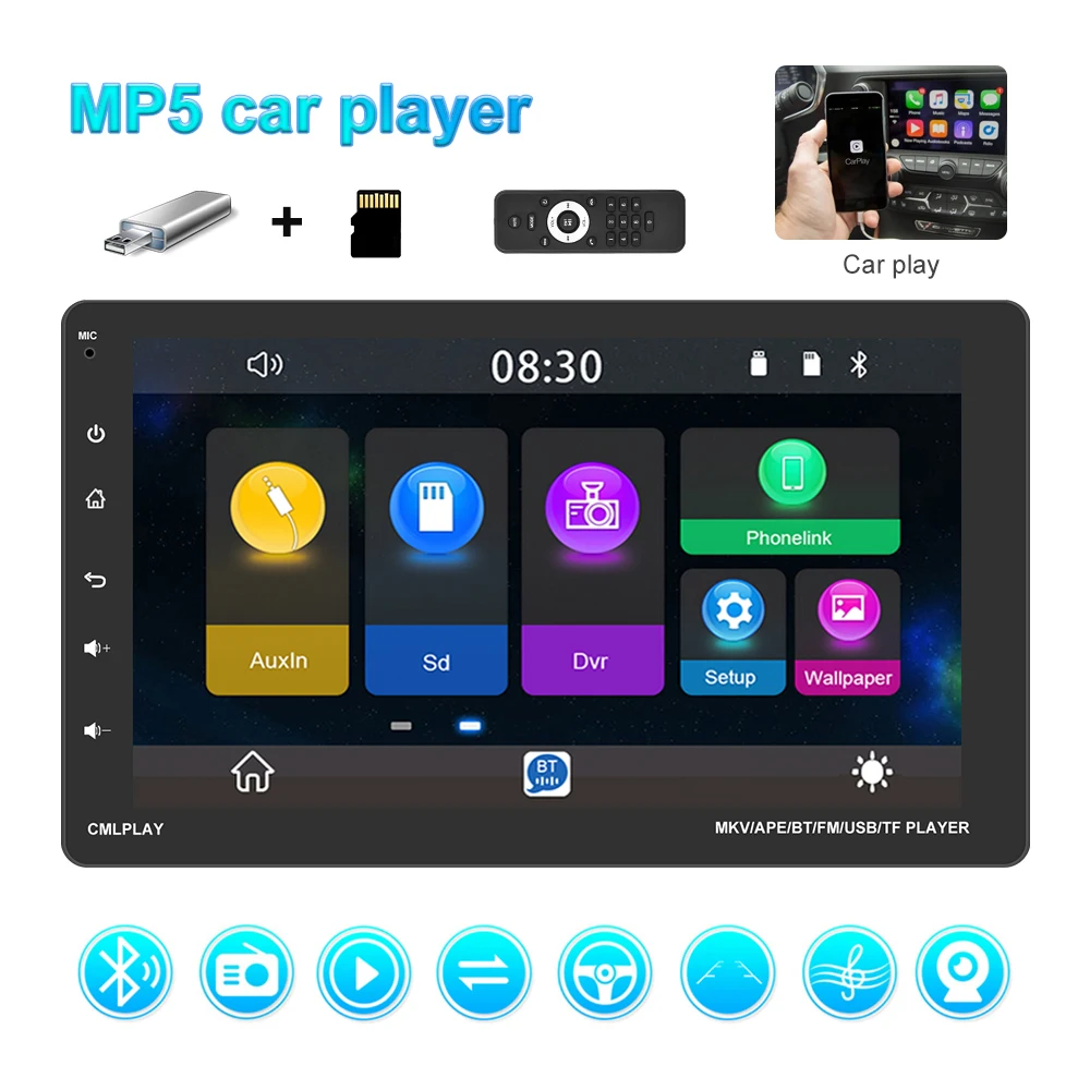 Podofo 9'' 1DIN Carplay Autoradio Android Auto D-Play Mirror Link BT FM Radioempfänger Unterstützt TF/USB Lenkradsteuerung – Detail 1