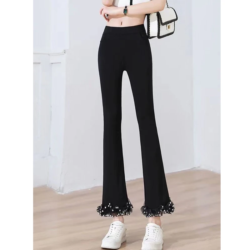 Women Clothes Korean Fashion Ruffled Mesh Patchwork Elegant Chic Flared Pants Summer Casual High Waist Trousers Slim Pantalones