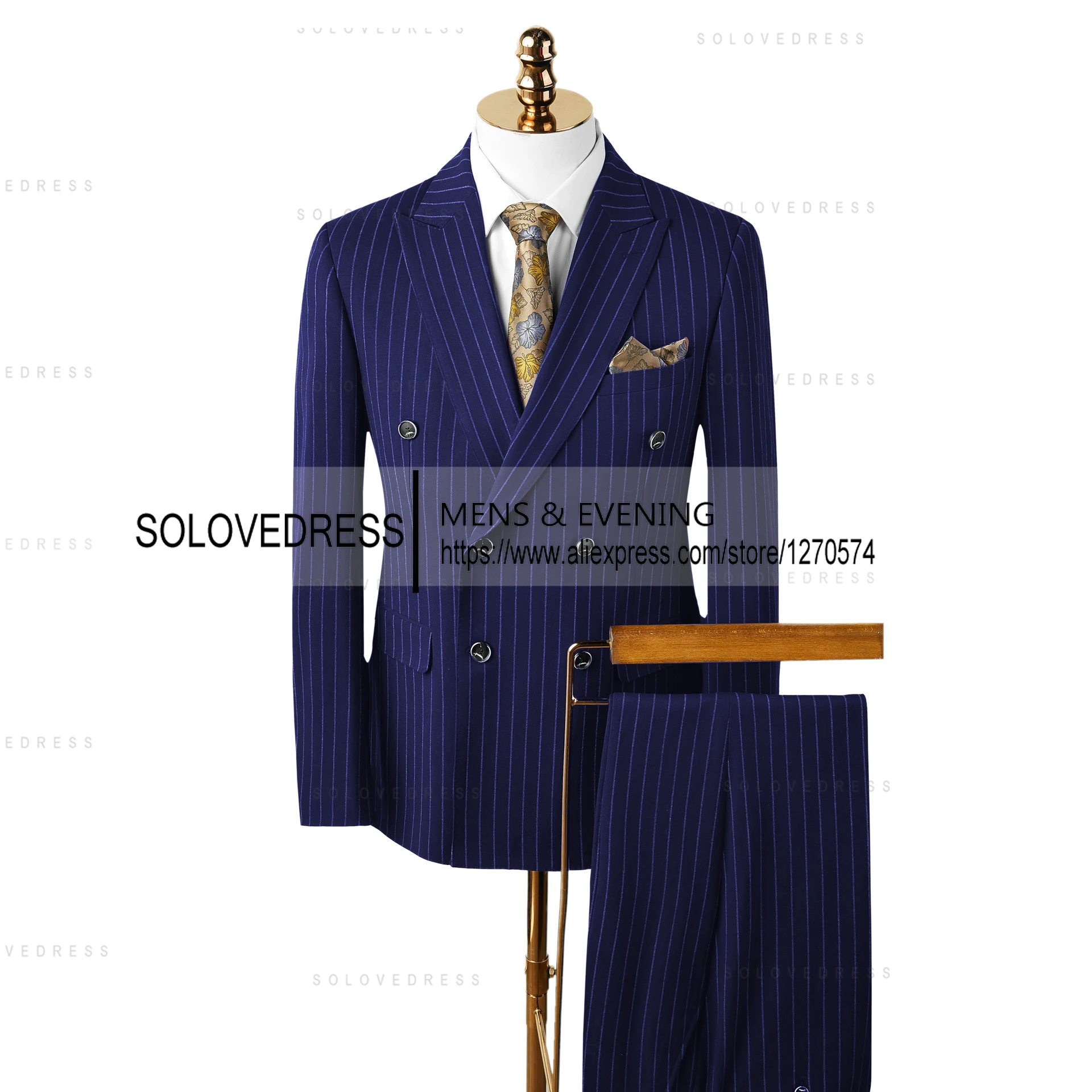 2 Pieces  Men's Suit Striped  Casual Peak  Lapel Single  Breasted Prom Tuxedos for Groomsmen (Blazer+Pant）
