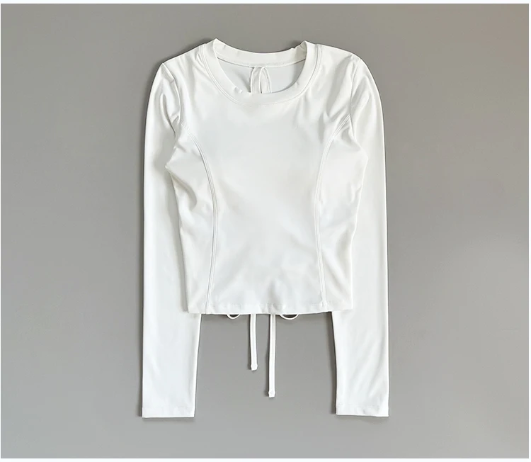 Exquisites, rückenfreies, sexy Sport-Top für Damen mit Brustpolster, Fitness-Pilates-Yoga-Anzug mit Kordelzug, langärmlig, schmal geschnitten – Detail 11