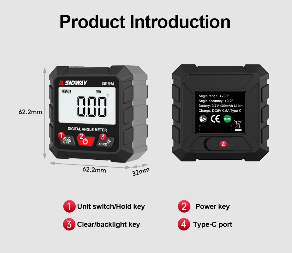 SNDWAY Digital Inclinometer High Precision Electronic Angle Ruler Portable Level