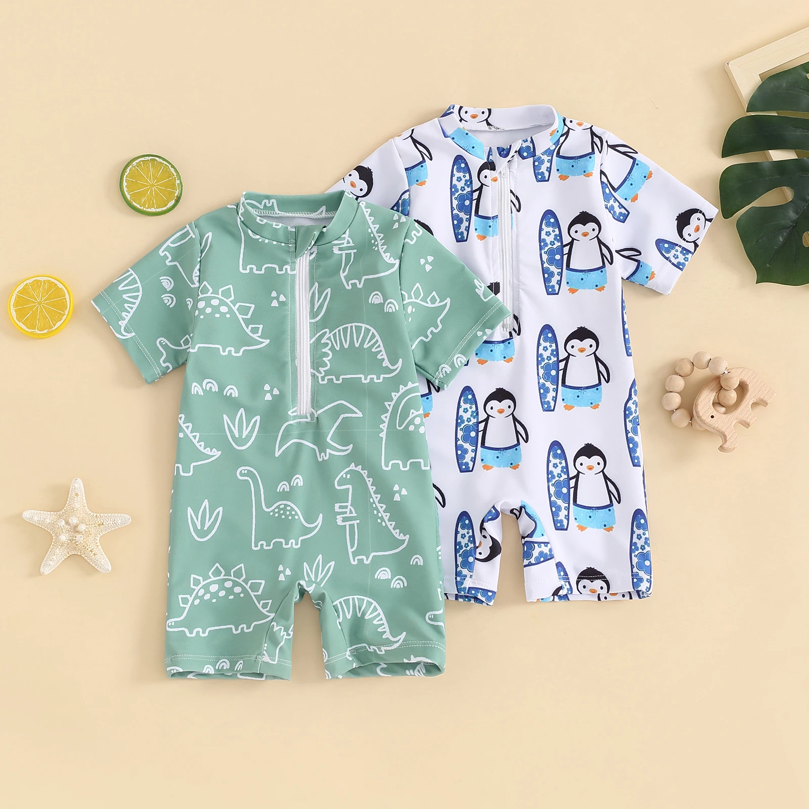 FOCUSNORM 0-3Y Summer Baby Boy's Swimwear Short Sleeve Dinosaur Print Half Zip Up Rash Guard Bathing Suit