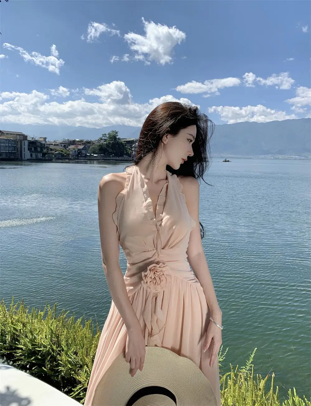 Summer New Ruffles A-line Long Dresses for Women Halter Backless Holiday Seaside Party Dress Korean Fashion One Piece Vestido