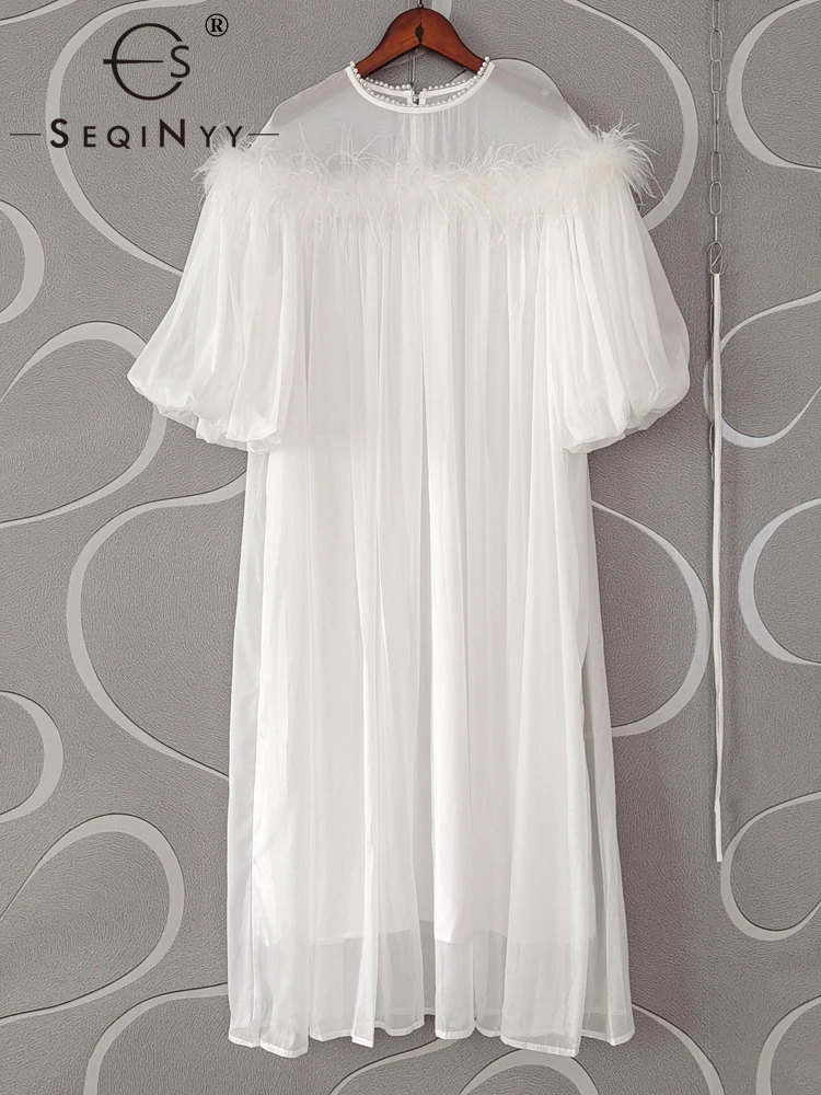 

SEQINYY Loose Party Dress Summer Spring New Fashion Design Women Runway High Street Vintage Feather Beading Short Sleeve Belt
