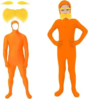 Halloween Party Jumpsuit Orange Costume Yellow Moustache and Eyebrow Baring Orange Bodysuit Masquerade Outfits for Kid and Adult