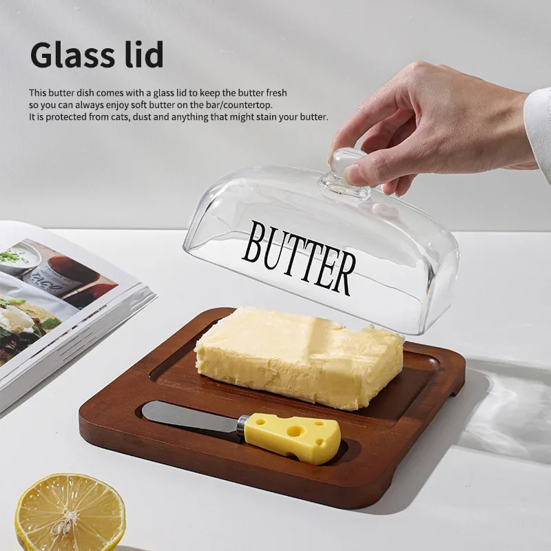 Wooden Butter Plate Glass Cover Cheese Box Butter Cheese Dim Sum Plate Cake Table Display Rack