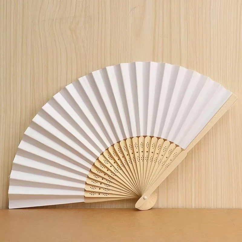 Summer Wedding Hand Held Paper Fans White Silk Bamboo Folding Fans Handheld Folded Fan for Wedding Party DIY Decoration