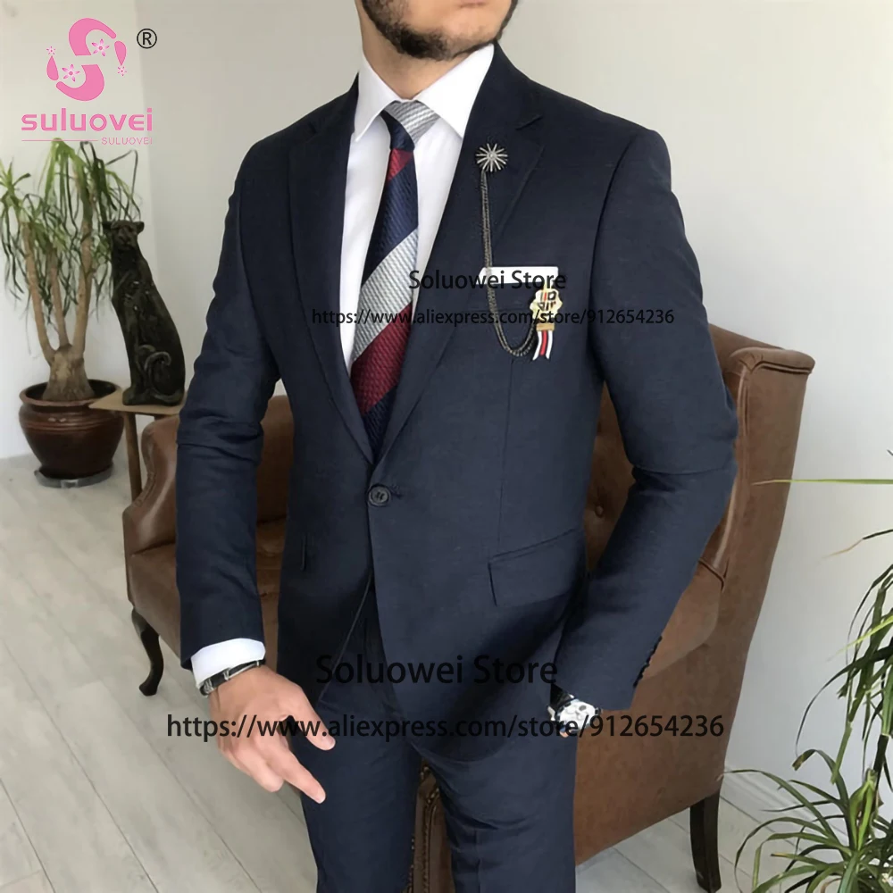Fashion Navy Blue Slim Fit Suits For Men Formal Groom Wedding Notch Lapel Tuxedo 2 Piece Jacket Pants Set Male Business Blazer