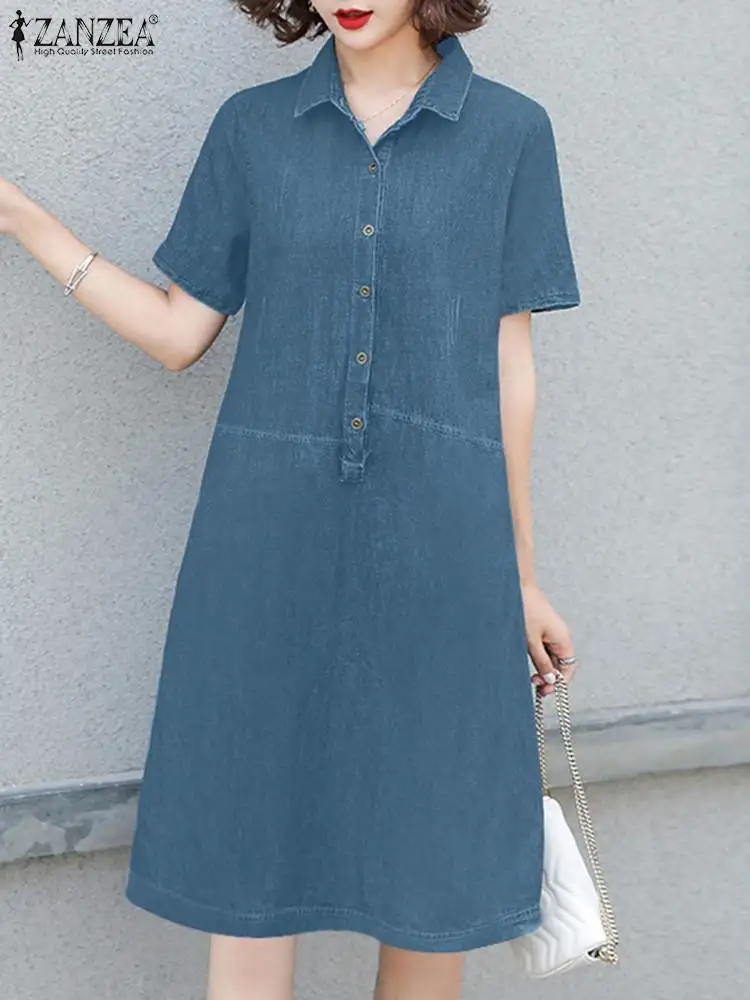 

ZANZEA Woman Vintage OL Denim Dress Summer Fashion Solid Sundress Short Sleeve Lapel Shirtdress Female Casual Party Dresses 2023