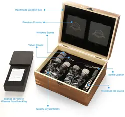 Luxury Whiskey Stones & Glasses Set with Granite Chilling Rocks in Elegant Wooden Box - Perfect Gift (Whiskey stone set 04)