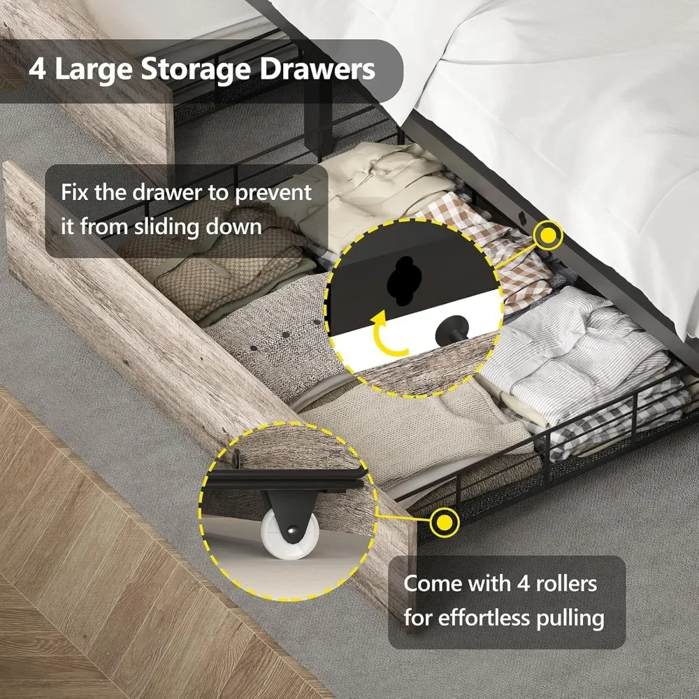 Description Picture 6 of itemQueen Bed Frame, Bookcase Headboard, LED Lights W/ Charging Station, W/Storage Drawers, No Springs Required, Platform Bed Frame