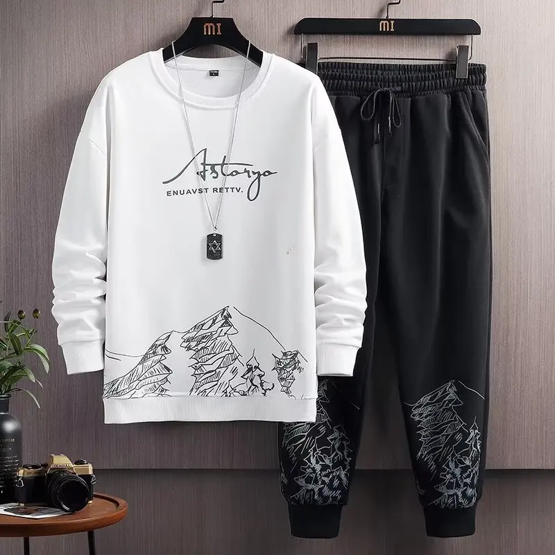 Harajuku Casual Hoodies For Men Vintage Elegant Pullovers Jerseys High Quality Y2k Streetwear 2 Piece Set Oversized Clothing