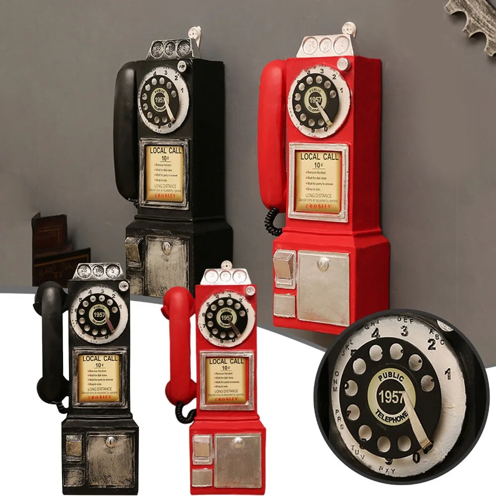 Artificial Telephone Ornament Vintage Telephone Model Wall-Mounted Resin Booth Telephone Figurine Rotary Old-fashioned Ornament Photography Props
