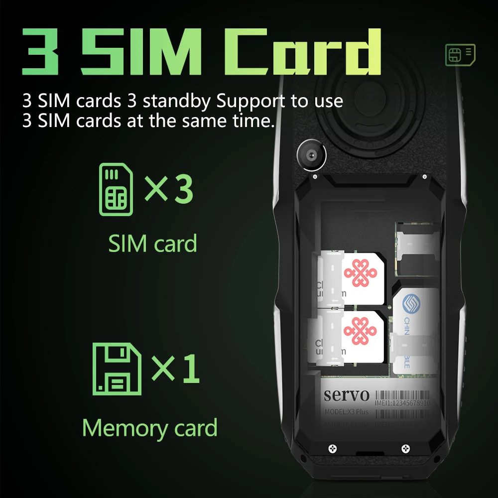 SERVO 3 SIM Card 3 Standby Mobile Phone Power Bank High Tone Speaker Magic Voice Auto Record Call Flashlight FM Radio Cellphone