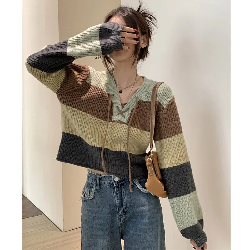 

Deeptown Harajuku Striped Sweater Women Cropped V-neck Pullover Vintage Knitted Jumper Japanese Style Knitwear Preppy Casual