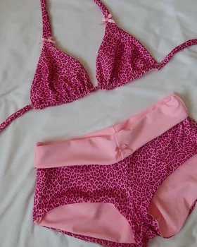 Women Halter Neck Triangle Bikini Sets Vintage 90s Aesthetic Bathing Suits Summer Boy Shorts Swimsuits y2k Coquette Swimwear 1