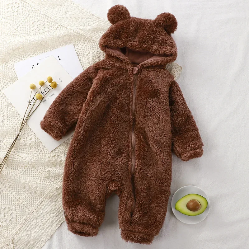 thumbnail image 1 of Thick Warm Baby Rompers Cute Winter Infant Jumpsuits Hooded Coral Fleece Bear Shape Newborn Soft Pajamas Overalls Clothing, 1 of 6