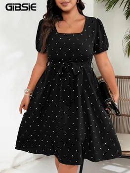 GIBSIE Plus Size Square Neck Polka Dot Belted Dress Women's Elegant Retro Puff Sleeve High Waist Summer A-line Big Swing Dresses 1