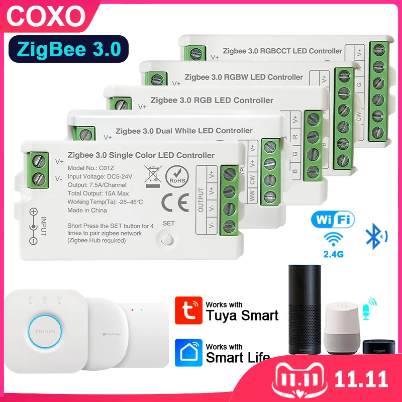 Zigbee 3.0 LED Controller WiFi 2.4GHz CCT RGB RGBW RGBCCT LED Strip Hue Bridge Tuya Gateway Smart Things Voice Control DC5V-24V rgb led controller led strip controller rgb controller led controller