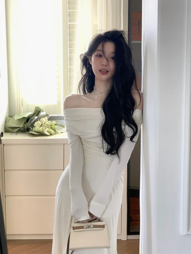 

Elegant White Knit Dress Midi Dresses for Women 2023 Autumn Off Shoulder Long Sleeve Pleated Slim Evening Party Female Clothing