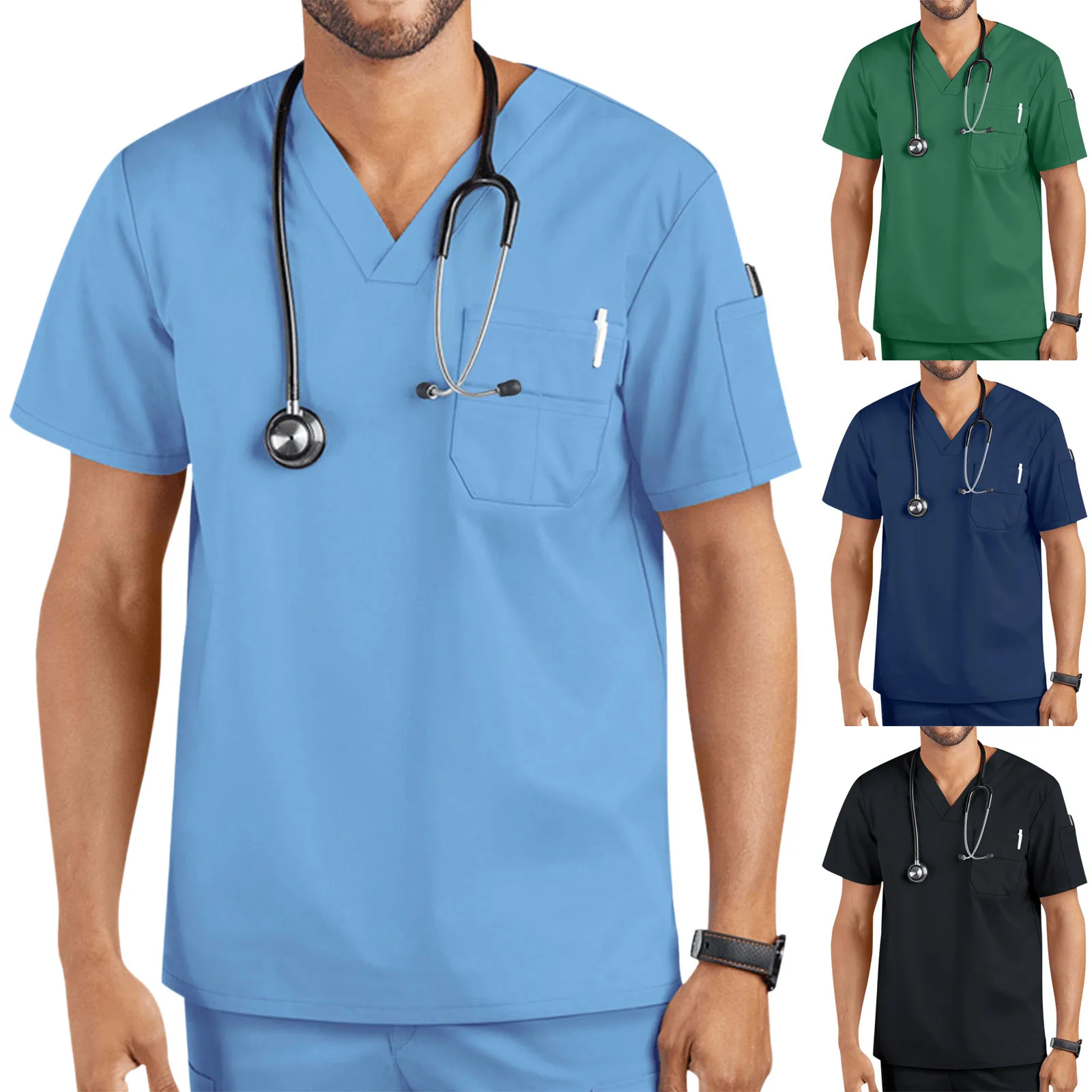 Nurse Uniform Men Scrubs Blouse Short Sleeve Pockets Workers T Shirts Medical Nursing Uniform Accessories