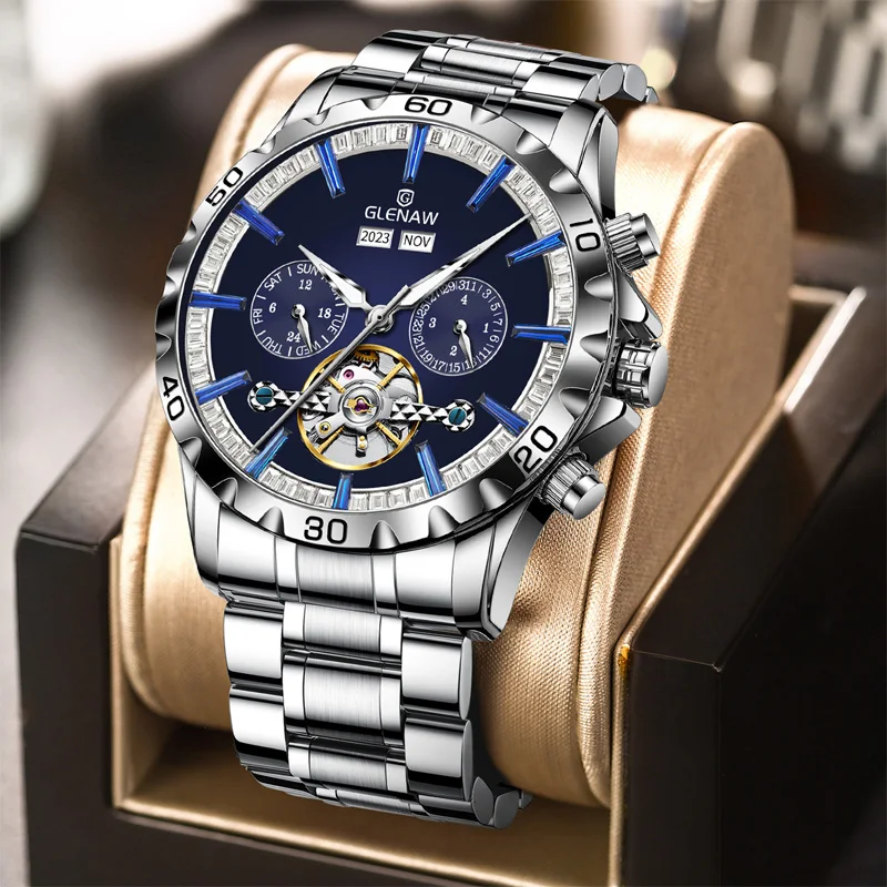 2024 GLENAW Men's Mechanical Watch Original Skeleton Waterproof Luminous Stainless steel Date Automatic Watch for Men Luxury