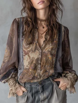 Retro Paisley Print Loose Blouse Women O Neck Button Long Sleeve Patchwork Basic Shirts Casual Beach Bohemian Tops blusas femmes 1
