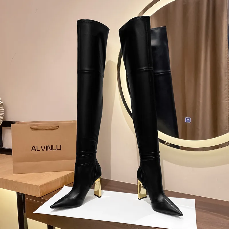 Fashion Autumn Winter Soft Leather Stretch Women Thigh high Boots
