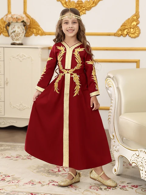 Robes longues pour filles de Dubaï du moyen-orient, en dentelle arabe, à manches longues, pour enfants, robes de Festival du Ramadan 1