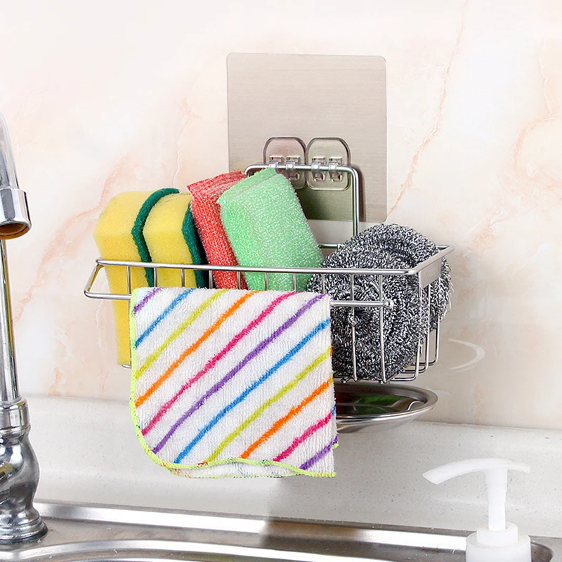 Kitchen Sink Drain Basket Rag Sponge Hanging Rack 304 Stainless Steel Dish Cloth Storage Wall Hanging Holder
