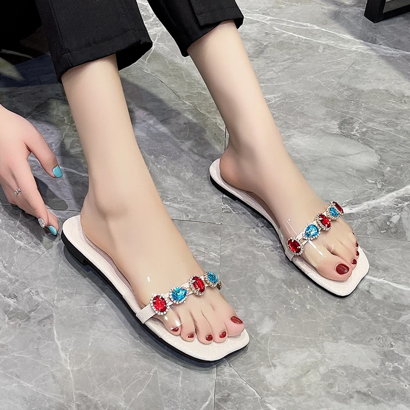 

Сандалии женские прозрачные с кристаллами, пляжная обувь на плоской подошве, тапочки, лето 2022