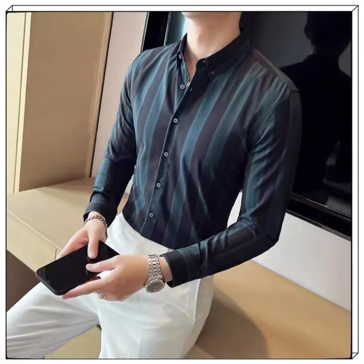 Description Picture 5 of itemClassics Contrasting Stripes Shirt for Men Summer Long Sleeve Casual Slim Fit Business Dress Shirts Slim Social Tuxedo Blouse