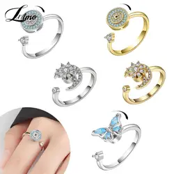 Luxury Fashion Fidget Spinner Ring Anxiety for Women Multiple Crystal Planet Butterfly Finger Rings Anti Stress Wedding Jewerly