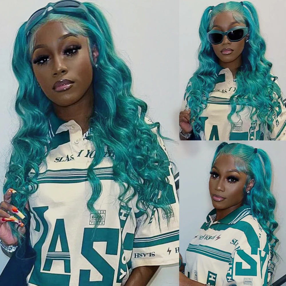 Emerald green lace front wig product display