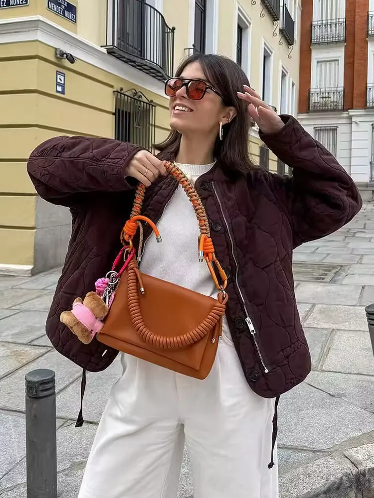 HH Women Vintage Solid Quilted Padded Coat O Neck Long Sleeve Zipper Jacket Autumn Winter Loose Casual Maternity Outwear