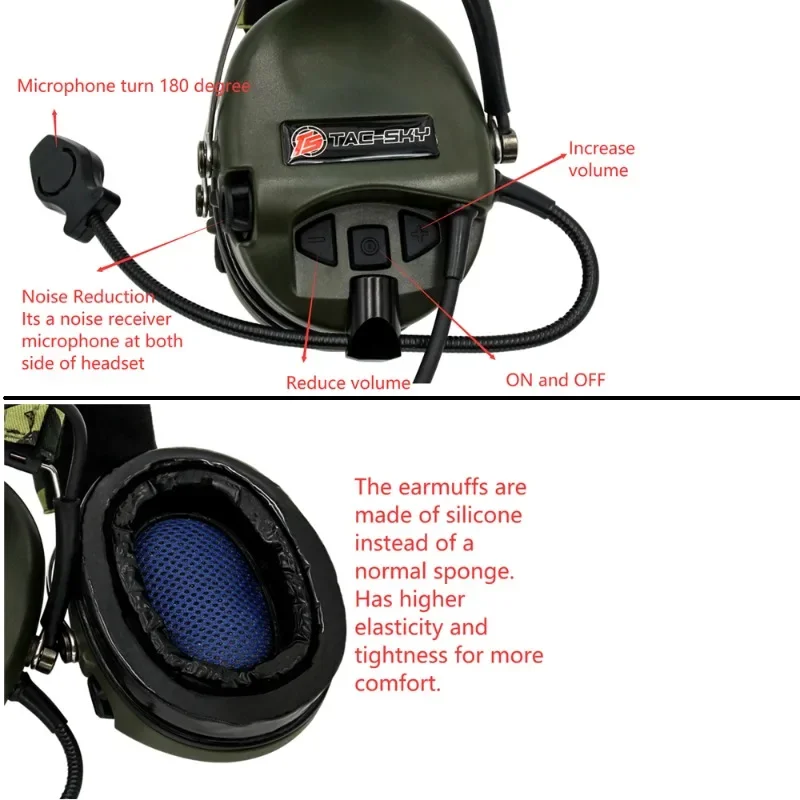 TAC-SKY Sordin Headset Noise Cancelling Pickups Hearing Protection Shooting Tactical Earmuffs and Military Adapter U94 PTT