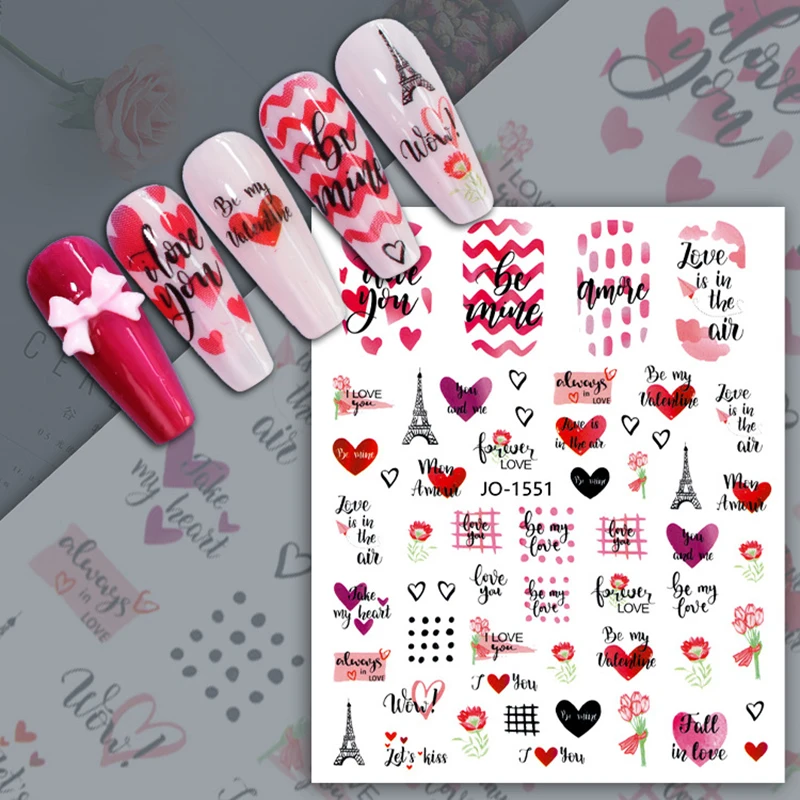 Women nail art sticker wine kiss mouth red heart shape design for Valentine's Day back glue big size slider nail decal YJ078