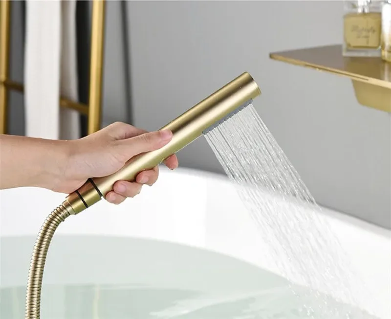 Description Picture 6 of itemBrushed Gold Bathtub Shower Faucet Set Brass Thermostatic Tap Mixer With Handheld Waterfall Black