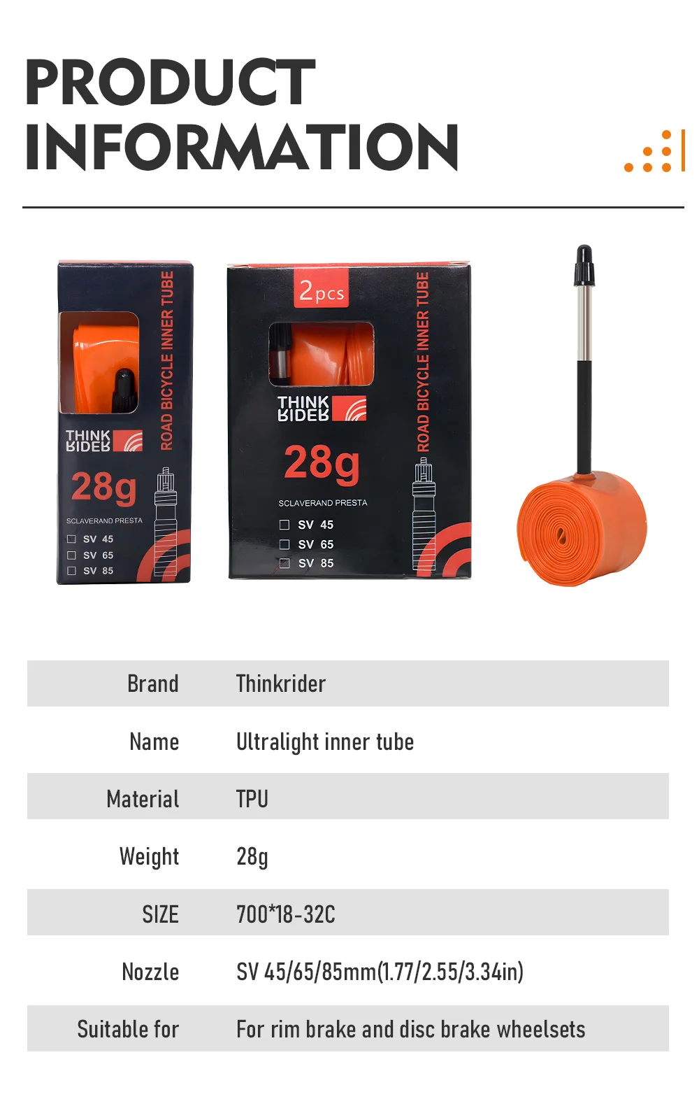 Description Picture 4 of itemThinkRider 2PCS Ultralight 28g Bike Inner Tube 700X18 25 28 Road Bicycle TPU Material Tire 65mm Length French Valve