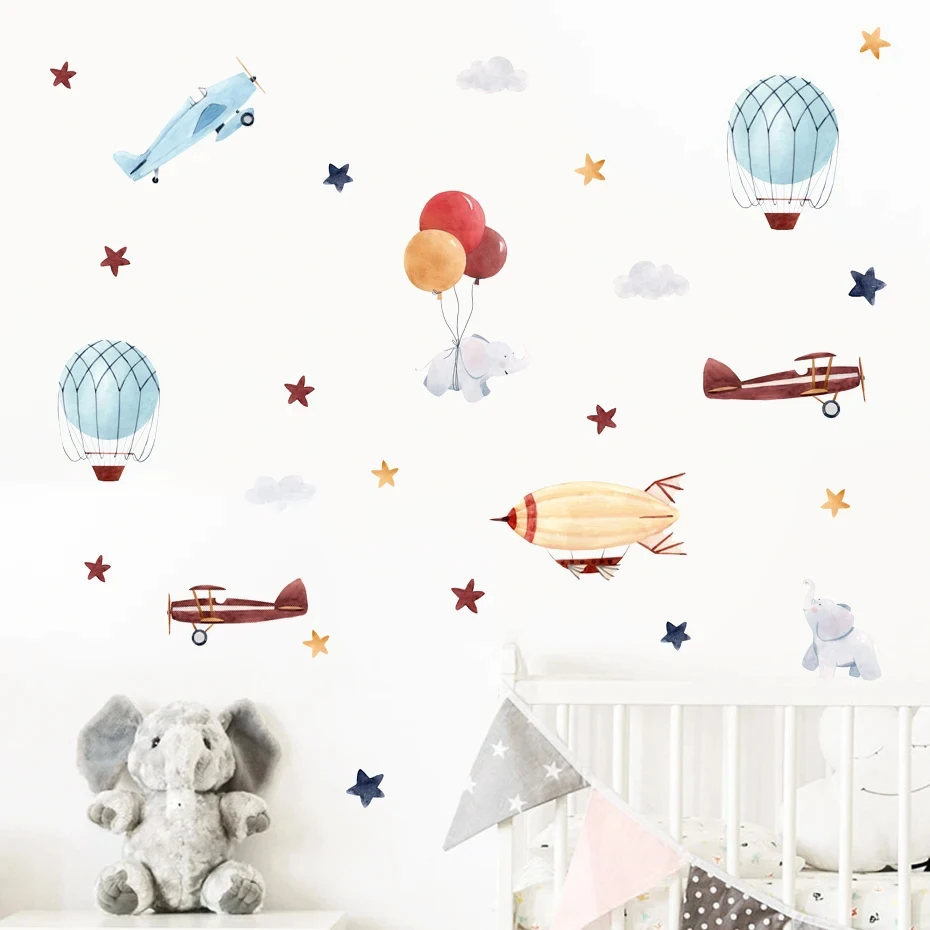 Watercolor Cartoon Car Balloon Stars Nursery Sticker Children Poster DIY Wall Decals Art Print Kids Bedroom Home Decor Wall Stickers