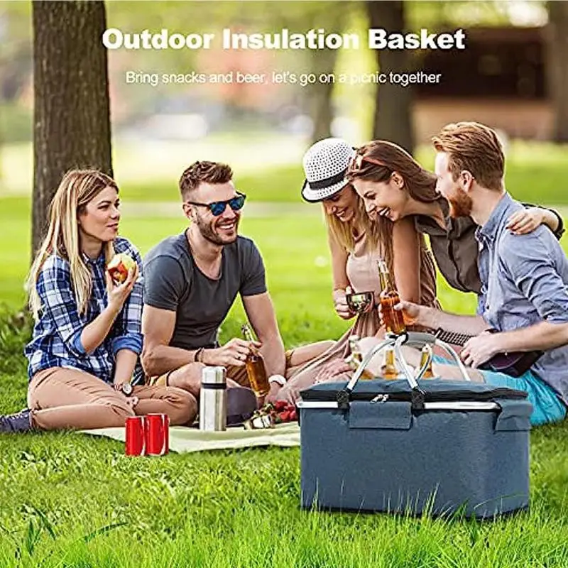 Insulated Picnic Basket Portable Flodable Grocery Bags Leakproof Cooler Bag Basket With Handle Large Capacity Camping Travel