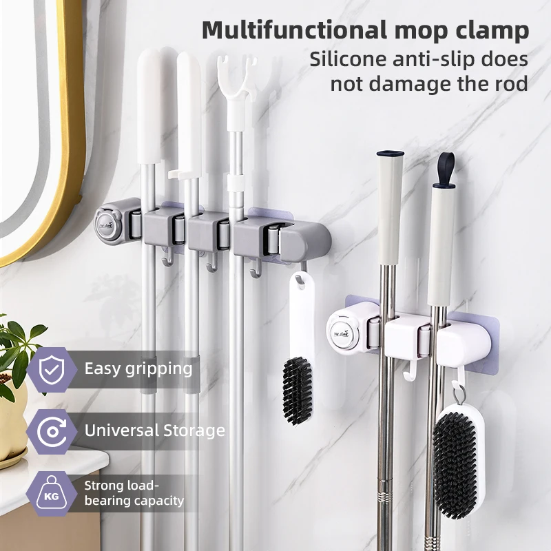 Broom Mop Holder, Wall Mounted Self-Adhesive Broom And Mop Organizer With Hooks For Bathroom Kitchen Closet Storage: 3 - 5 Days Free Delivery Only UK