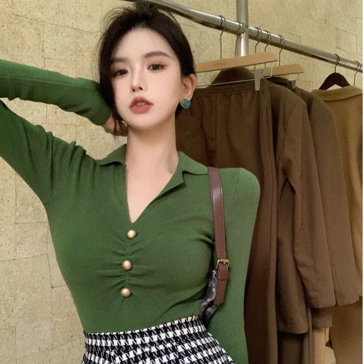 Spring Vintage Knitted Sweater Pullover Basic V Neck Long Sleeve Slim Fit T-shirt Female Autumn Jumpers Top Y2K Women Clothes cardigan for women