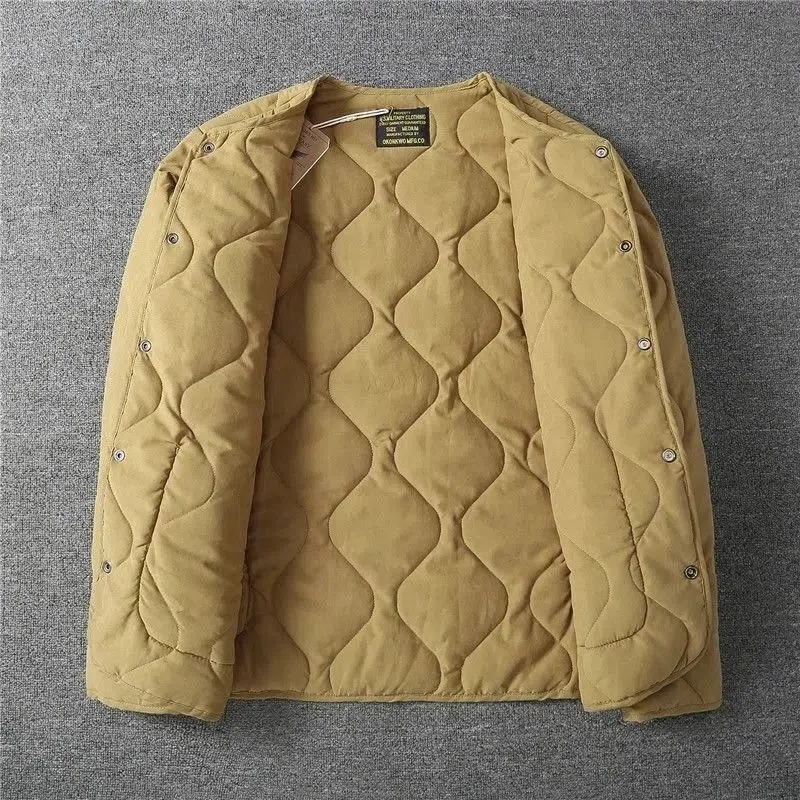 Autumn Winter O-neck Quilted Jacket Men's Versatile Army Green Retro Thickened Coat Men Techwear Button Up Oversize Jacket