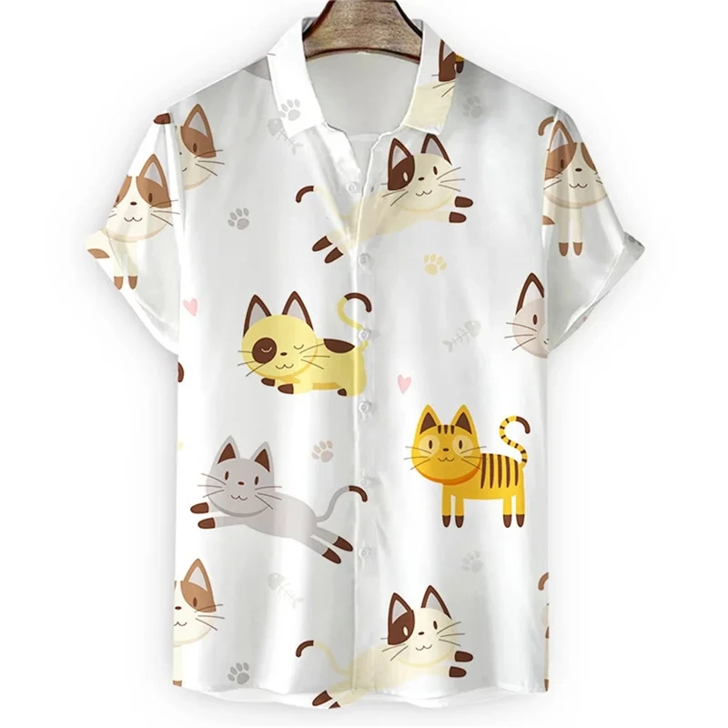 thumbnail image 1 of Camisa con estampado de gato en 3D para hombre, camisa hawaiana holgada de manga corta con botones, ropa de playa para vacaciones, ropa para niños, 1 of 5
